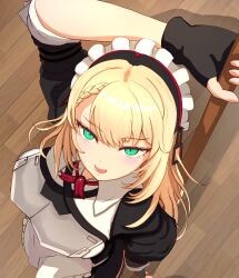  1girl :d absurdres apron arm_behind_back arm_behind_head armor black_gloves black_jacket black_skirt blonde_hair blush braid breastplate breasts broom close-up fingerless_gloves frilled_skirt frills from_above g36_(girls&#039;_frontline) g36_(mod3)_(girls&#039;_frontline) girls&#039;_frontline gloves green_eyes hair_between_eyes highres holding holding_broom jacket long_hair looking_at_viewer looking_up maid_headdress medium_breasts medium_hair miniskirt monta818 open_mouth shirt single_braid skirt smile solo waist_apron white_apron white_shirt 