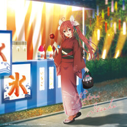 1girl bow character_name date_a_live hair_bow highres itsuka_kotori japanese_clothes kimono light obi official_art open_mouth red_eyes red_hair red_kimono road sandals sash shadow solo tanabata tanzaku wide_sleeves zouri rating:General score:5 user:danbooru
