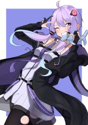  1girl ;d absurdres ahoge animal_hood artist_name black_gloves black_jacket black_thighhighs blue_hair breasts circle_cutout collar commentary_request commission detached_collar dress gloves gradient_hair grey_dress highres holding holding_toy hood hooded_jacket jacket komakusa_roha multicolored_hair necktie one_eye_closed open_mouth partially_fingerless_gloves purple_eyes purple_necktie rabbit_hood shark skeb_commission smile solo thighhighs toy vocaloid voiceroid white_collar white_dress yuzuki_yukari yuzuki_yukari_(vocaloid6) 