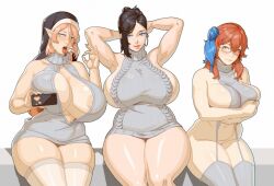  3girls absurdres accessories arm_under_breasts arms_up black_hair blue_eyes blue_hair blush breasts closed_mouth clothing_aside curvy denisse_(aster_crowley) elf glasses hand_up highres holding holding_phone huge_breasts ictiwinter large_breasts looking_at_viewer materclaws mature_female meme_attire mole mole_on_breast mole_under_eye mole_under_mouth multiple_girls nun open_mouth orange_eyes phone pink_hair pointy_ears red_hair simple_background smile thick_thighs thighhighs thighs thong_aside virgin_destroyer_sweater virgin_killer_sweater white_background white_thighhighs  rating:Questionable score:177 user:danbooru