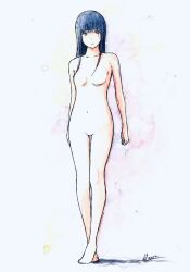  1girl absurdres barefoot bbmasa black_hair blue_background blunt_bangs breasts closed_mouth collarbone commentary completely_nude full_body hibike!_euphonium highres liz_to_aoi_tori long_hair navel no_nipples no_pussy nude red_eyes signature small_breasts solo standing traditional_media yoroizuka_mizore 
