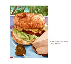  bag bread burger dated english_text food food_focus lettuce matsuyama_kojika no_humans original outdoors paper_bag plate sesame_seeds skewer stream water 