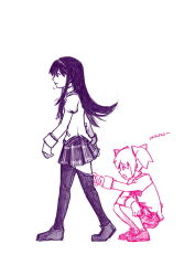  10s 2girls akemi_homura black_hair black_pantyhose bow clothes_pull female_pervert hair_ribbon hairband kaname_madoka long_hair looking_at_another mahou_shoujo_madoka_magica mahou_shoujo_madoka_magica_(anime) multiple_girls multiple_monochrome open_mouth pantyhose pantyhose_pull pervert pink_hair ribbon romaji_text school_uniform short_hair short_twintails silverxp simple_background skirt squatting twintails walking white_background yuri  rating:Sensitive score:3 user:danbooru