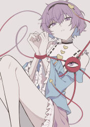  1girl absurdres adapted_costume bare_legs bare_shoulders black_hairband blue_shirt bound bound_wrists buttons commentary_request eyeball eyes_visible_through_hair feet_out_of_frame frilled_shirt_collar frills grey_background hair_between_eyes hair_ornament hairband hands_up heart heart_button heart_hair_ornament highres knees_up komeiji_satori legs_together long_sleeves looking_at_viewer norimi own_hands_together parted_lips petticoat pink_skirt purple_eyes purple_hair shirt short_hair simple_background skirt solo teeth third_eye touhou wide_sleeves 