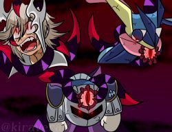 alternate_eye_color angry blonde_hair blue_fur brown_hair cape male_corrin_(fire_emblem) corruption crossover crown dark_persona dharkon donkey_kong_(series) donkey_kong_country fangs fire_emblem fire_emblem_fates gen_6_pokemon glowing glowing_eyes greninja hal_laboratory highres intelligent_systems kiravera8 kirby kirby&#039;s_adventure kirby_(series) long_hair looking_at_viewer looking_to_the_side mario_(series) mask meta_knight nintendo open_mouth pointy_ears pokemon pokemon_(creature) pokemon_xy possessed possession red_eyes sharp_teeth short_hair slit_pupils super_mario_land super_mario_sunshine super_smash_bros. teeth tentacles tongue tongue_out veins rating:Sensitive score:3 user:danbooru