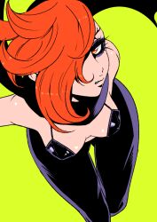  1girl aihcnim bare_shoulders bodysuit ignite ninja_slayer one_eye_covered orange_hair scarf side_shave unusual_eyebrows 