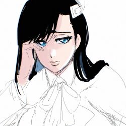  1girl absurdres black_hair blue_eyes burn_the_witch female_focus highres long_hair niihashi_noel sekihan simple_background solo unfinished white_background  rating:General score:0 user:YuukoLover