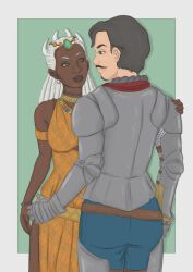  1boy 1girl armor black_hair bracelet breasts brown_eyes commission commissioner_upload couple dark-skinned_female dark_skin dreadlocks dress earrings facial_hair gauntlets hetero highres interracial jewelry ladislaus_dominus long_hair mustache necklace official_art orange_dress queen_imani short_hair smile soapwyrt ways_of_darkness_(series) white_hair yellow_eyes  rating:General score:1 user:Metalhead33