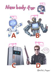 1boy 1girl ? anger_vein apex_legends astro_bot astro_bot_(series) black_hair black_jacket black_shirt blue_archive braille brown_hair closed_mouth commentary_request cropped_torso english_text frown gun hair_between_eyes halo highres holding holding_gun holding_weapon humanoid_robot interstellar_(movie) jacket kei_(amas)_(blue_archive) kei_(blue_archive) lever_action long_hair long_hair_between_eyes millet_pepper pathfinder_(apex_legends) pink_eyes pink_halo robot shirt short_hair shotgun side_ponytail simple_background spoken_question_mark sunglasses t-800 tars_(interstellar) terminator_(series) the_terminator twitter_username v-shaped_eyebrows weapon white_background winchester_model_1887 