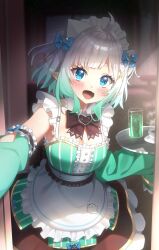  1girl :d absurdres apron black_bow black_bowtie blue_bow blue_eyes blurry blurry_background blush bow bowtie center_frills commentary detached_collar detached_sleeves doorway dress english_commentary fang frilled_dress frills ghostenjoyerguy7007 gradient_hair green_dress green_hair green_skirt hair_bow hair_ornament hairclip highres holding holding_tray indie_virtual_youtuber looking_at_viewer maid maid_headdress mint_fantome mint_fantome_(minto_2.0) multicolored_hair open_mouth pointy_ears pov_doorway reaching reaching_towards_viewer short_hair skin_fang skirt sleeveless sleeveless_dress sleeves_past_fingers sleeves_past_wrists smile solo striped_clothes striped_dress tray triangular_headpiece two_side_up vertical-striped_clothes vertical-striped_dress virtual_youtuber waist_apron wavy_hair white_apron white_hair x_hair_ornament 
