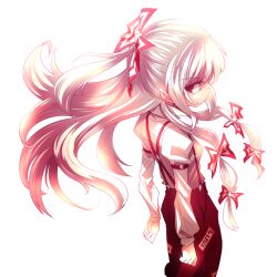  1girl bad_id bad_pixiv_id bad_twitter_id baggy_pants fire fujiwara_no_mokou long_hair non-web_source original pants red_eyes red_pants shimizu_pem shirt solo suspenders touhou white_background white_hair white_shirt 