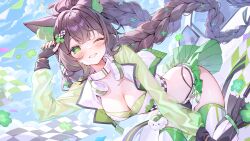  1girl absurdres alllisso animal_ears arm_up bent_over bikini bikini_under_clothes black_gloves black_hair braid breasts cat_ears checkered_flag cleavage clothes_lift clover collar commentary crop_top cross-shaped_pupils dutch_angle fingerless_gloves flag floating_hair four-leaf_clover gloves green_bikini green_eyes green_jacket green_nails green_skirt green_thighhighs grin hair_ornament hand_up headphones headphones_around_neck highleg highleg_bikini highres indie_virtual_youtuber jacket kitsunya_(vtuber) large_breasts long_hair long_sleeves looking_at_viewer making-of_available midriff miniskirt nail_polish one_eye_closed pleated_skirt race_queen second-party_source see-through_clothes see-through_sleeves shirt skirt skirt_lift smile solo standing strapless strapless_bikini strapless_shirt string_bikini swimsuit symbol-shaped_pupils thighhighs thighs twin_braids twintails two-tone_thighhighs umbrella very_long_hair virtual_youtuber white_collar white_shirt white_thighhighs wind wind_lift 