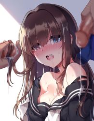  1girl 2boys artist_request blue_eyes blush breasts brown_hair bukkake character_request cleavage collarbone copyright_request crying crying_with_eyes_open cum cum_in_mouth cum_on_body facial hair_ornament unworn_hair_ornament hairjob long_hair multiple_boys open_mouth penis saliva solo_focus sweat tears teeth tongue  rating:Explicit score:56 user:Observer_Alpha
