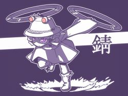  1girl animal_print boots charging_forward crosshair female_focus frog_print hair_tie hat hekoningyou_(waraningyou) moriya&#039;s_iron_rings moriya_suwako purple_eyes red_eyes shaded_face shouningyou solo symbol-shaped_pupils touhou weapon windfire_wheel zipper 