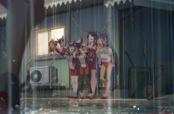  6+girls :d ahoge animal_ears black_hair black_pantyhose blue_flower blue_hair blue_rose braid breasts brown_hair buruma commentary_request copano_rickey_(umamusume) crown_braid dark-skinned_female dark_skin ear_scrunchie facing_another flower fuji_kiseki_(umamusume) glasses gym_uniform hair_between_eyes hair_over_one_eye hair_over_shoulder hat hat_flower highres hishi_amazon_(umamusume) hokko_tarumae_(umamusume) horse_ears horse_girl horse_tail jacket kneehighs large_breasts long_hair looking_at_another looking_up multicolored_hair multicolored_shoes multiple_girls open_mouth orange_hair outdoors pants pantyhose purple_eyes rain red_buruma red_eyes red_jacket red_pants red_scrunchie red_shoes red_track_suit rice_shower_(umamusume) rose scrunchie shoes short_hair smile sneakers socks streaked_hair summer_uniform tail takuzui tilted_headwear towel tracen_training_uniform track_jacket track_pants track_suit two-tone_shoes umamusume wet wheelbarrow white_hair white_shoes white_socks zenno_rob_roy_(umamusume) 