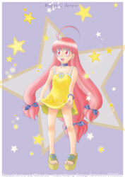  1girl antenna_hair bad_id blue_bow blue_choker blush bow choker copyright_name dress full_body hair_bow long_hair magical_antique open_mouth pink_eyes pink_hair sandals smile solo sphie standing star_(symbol) sundress tachibana_sakuya_(matsurika) very_long_hair yellow_dress yellow_sandals 