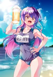  1girl alcohol beach beer beer_mug blue_one-piece_swimsuit blue_sky breasts cloud colored_inner_hair commentary_request contrapposto cup day fang highres holding holding_cup imu_sanjo kantai_collection large_breasts mountainous_horizon mug multicolored_hair naganami_(kancolle) name_tag ocean one-piece_swimsuit orange_eyes outdoors pink_hair purple_hair sky smile solo swimsuit 