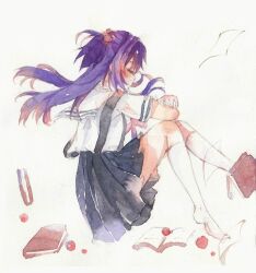  1girl at-sakura black_skirt book clannad closed_eyes from_side hair_ornament highres ichinose_kotomi purple_hair school_uniform serafuku shirt skirt socks traditional_media white_background white_shirt white_socks 