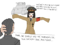  1boy 1girl adolf_hitler adolf_hitler_(cosplay) armband arms_up birthday black_hair black_hat black_necktie blue_eyes blue_necktie breast_pocket brown_coat coat collared_shirt cosplay cross fang grey_coat grey_hair grey_shirt hand_on_own_head hat highres iron_cross landkreuzer_p1000_ratte long_hair long_sleeves military_vehicle motor_vehicle nazi necktie nervous_sweating open_mouth original outstretched_arms peaked_cap pocket pokoooo_(fartsonist) real_life red_armband reichsadler shirt simple_background sleeves_past_fingers sleeves_past_wrists sweat tank white_background 