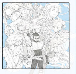 6+boys 6+girls :d :o ainu_clothes asamiya_athena bracelet bun_cover capcom chun-li clenched_hand cropped_shoulders double_bun edward_fokker fatal_fury fingerless_gloves fire frown glasses gloves hair_bun hair_ribbon hairband headband holding holding_weapon ichimonji_batsu jewelry june_lin_milliam justice_gakuen kagami_kyousuke kanzaki_hayato_(star_gladiator) kasugano_sakura kusanagi_kyou long_hair looking_at_viewer looking_to_the_side monochrome multiple_boys multiple_girls nakoruru nishimura_kinu official_art open_mouth ribbon ryu_(street_fighter) samurai_spirits shiranui_mai short_hair sketch smile snk spiked_bracelet spikes star_gladiator street_fighter the_king_of_fighters wakaba_hinata weapon