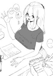  +++ ... 1girl animals_as_leaders bangs_pinned_back bare_arms breasts collarbone facing_viewer folded_hair glasses group_name hair_behind_ear hair_pulled_back highres inne_sulistya_robin large_breasts long_hair looking_over_eyewear menu norman_maggot original shirt sitting smile spoken_ellipsis spoken_object sweatdrop table 