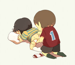 all_fours anal anal_fingering animal_crossing ass bent_over black_hair blush brown_hair child covering_face elementary_schoolboy embarrassed fingering lube lube_bottle lubrication male_focus mother_(series) mother_2 ness_(mother_2) nintendo no_pants pillow shirt shota socks super_smash_bros. sweat sweatdrop villager_(animal_crossing) yaoi 