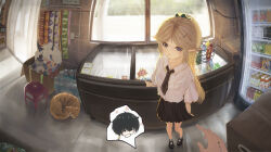  1boy 1girl black_dress black_necktie black_shoes blonde_hair blue_eyes blush bottle cartethyia_(wuthering_waves) cat chair chasing_summer cheek_bulge commentary couple dress glass_door glass_door_refrigerator hair_tie highres indoors lamp light_blush light_smile long_hair male_rover_(wuthering_waves) necktie orange_cat pointy_ears puffy_cheeks real_life_insert refrigerator rover_(wuthering_waves) school_uniform shirt shoes sleeping_animal slice_of_life smile snack stretching_cheeks stuffed_animal stuffed_toy tacet_mark_(wuthering_waves) water_bottle white_shirt window wuthering_waves 