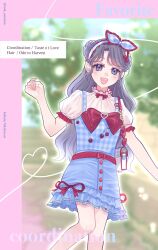  1girl bag bag_charm bare_arms bare_legs belt belt_buckle blue_bow blue_eyes blue_hairband blue_skirt blue_sky blue_vest blurry border bow bow_hairband bowtie braid braided_bun brooch buckle buttons charm_(object) cherry_hair_ornament cherry_print collared_shirt commentary_request day depth_of_field dot_nose double_bun english_text eyelashes feet_out_of_frame first_love_(infinity_nikki) food-themed_hair_ornament food_print frilled_bow frilled_hairband frilled_shirt_collar frilled_skirt frilled_sleeves frills fruit_print game_screenshot_background gold_buckle grey_hair hair_bun hair_ornament hairband happy heart heart-shaped_charm heart_brooch heart_of_string highres infinity_nikki jewelry knees light_blush light_particles long_hair miniskirt neneko_(nnk_suimin) nikki_(series) open_mouth outdoors outline parted_bangs pencil_skirt pink_border plaid_bow plaid_clothes plaid_hairband puffy_short_sleeves puffy_sleeves red_belt red_bow red_bowtie red_ribbon ribbon screenshot_background see-through_clothes see-through_shirt shirt short_sleeves shoulder_bag skirt sky smile solo standing teeth tree upper_teeth_only very_long_hair vest wavy_hair white_bag white_outline white_shirt 
