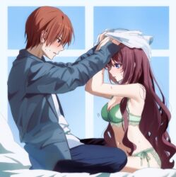 1boy 1girl a-chan_(little_busters!) blue_eyes blush bra breasts brown_hair cleavage commentary_request green_bra green_panties highres little_busters! long_hair looking_at_another male_focus miiizuno_lbs natsume_kyousuke navel on_bed panties shirt short_hair sitting sweatdrop underwear undressing unworn_shirt wavy_hair