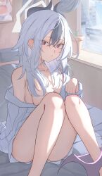  1girl absurdres bed black_hair blue_archive breasts cleavage demon_horns demon_wings earrings hair_between_eyes hair_over_shoulder halo highres horns jewelry kayoko_(blue_archive) knees_up long_hair low_wings medium_breasts multicolored_hair mumu_(2arlcevpxn83807) naked_shirt off-shoulder_shirt off_shoulder on_bed oversized_clothes oversized_shirt red_eyes shirt single_wing sitting solo two-tone_hair white_hair white_shirt window wings 