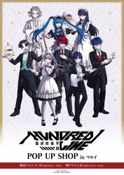  3girls 5boys amemiya_darumi aotsuki_eito apron black_hair black_jacket black_pants black_shoes blue_hair cake charm_(object) copyright_name dated dress food glasses gloves grey_hair highres jacket kneehighs long_hair maid maid_headdress maruko_gaku multicolored_hair multiple_boys multiple_girls nigou_(hundred_line) official_art omokage_yugamu one_eye_closed open_clothes open_jacket pants pink_hair plate purple_hair red_eyes red_hair shizuhara_hiruko shoes sirei_(hundred_line) socks standing streaked_hair sumino_takumi the_hundred_line_-last_defense_academy- tongue tongue_out tsukumo_ima tsukumo_kako twintails v v_over_eye vest white_apron white_gloves 