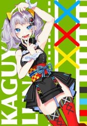  1girl :d arm_up armpits bare_shoulders black_dress blue_eyes breasts character_name cleavage_cutout clothing_cutout d-pad d-pad_hair_ornament dress green_background grey_hair hair_ornament hairclip hand_up highres kaguya_luna medium_breasts medium_hair obi obijime open_mouth red_thighhighs ribbon sash short_dress sleeveless sleeveless_dress smile solo teeth the_moon_studio thighhighs twintails virtual_youtuber white_ribbon wrist_ribbon wristband yoshioka_suke 