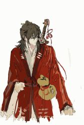  1boy black_eyes black_hair blood brown_hair chinese_clothes chinese_commentary closed_mouth coat dao_gui_yi_xian gourd hair_between_eyes hair_bun hair_ornament hair_stick half_updo hanfu highres li_huowang long_hair long_sleeves looking_to_the_side male_focus muyuyouyang painterly red_coat red_ribbon ribbon robe scar scar_on_neck sheath simple_background single_hair_bun sketch sleeves_past_fingers sleeves_past_wrists solo sword sword_on_back torn_clothes upper_body weapon weapon_on_back white_background white_hanfu wide_sleeves 