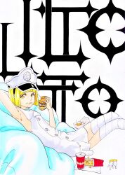  1girl alpen_no_koyari arm_behind_head armpits bare_shoulders black_thighhighs bleach bleach:_sennen_kessen-hen blonde_hair blunt_bangs blunt_ends bob_cut burger buttons character_name closed_mouth collared_dress commentary cup disposable_cup dress eating feet_out_of_frame food food_on_face french_fries from_side frown hand_up hat highres holding holding_burger holding_food kubo_tite_(style) liltotto_lamperd looking_at_viewer lying military_hat military_uniform official_style on_back relaxing short_dress short_hair simple_background sleeveless sleeveless_dress solo straight_hair tareme thighhighs white_background white_dress white_hat yellow_eyes zettai_ryouiki 