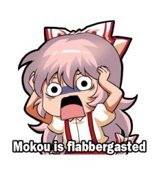  1girl :o collared_shirt english_text fujiwara_no_mokou hands_on_own_head jokanhiyou long_hair pants red_eyes red_pants shirt sidelocks simple_background solo suspenders touhou very_long_hair white_background white_hair white_shirt  rating:General score:5 user:danbooru