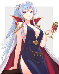  1girl absurdres breasts cape cleavage cup cupping_glass dress earrings fire_emblem fire_emblem:_genealogy_of_the_holy_war fire_emblem_heroes hair_ornament highres holding holding_cup ishtar_(fire_emblem) ishtar_(fire_emblem)_(echoing_thunder) jewelry long_hair looking_at_viewer medium_breasts nintendo ponytail purple_eyes purple_hair sideboob simple_background solo truejekart very_long_hair 