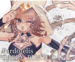  115date 1girl ;o animal_hood bikini black_bikini black_gloves breasts brown_hair cat_girl cat_hood cat_tail character_name cleavage commentary_request elbow_gloves fang gloves green_eyes happy_birthday highres honkai_(series) honkai_impact_3rd hood medium_breasts one_eye_closed open_mouth pardofelis pardofelis_(reverist_calico) short_hair_with_long_locks simple_background skin_fang solo swimsuit tail upper_body white_background white_hood 
