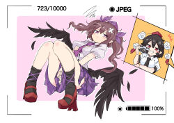  +++ 2girls :&lt; annoyed arm_under_breasts bandaid bandaid_on_head battery_indicator between_legs bird_girl bird_wings black_hair black_necktie black_socks black_trim blush_stickers border bow breasts brown_hair camera camera_pov checkered_clothes checkered_skirt commentary_request crossed_bandaids double-parted_bangs english_text feathers geta grin hair_between_eyes hair_bow half-closed_eyes hand_between_legs hat highres himekaidou_hatate holding holding_camera inset knees_together_feet_apart knees_up large_breasts light_blush long_hair medium_breasts multiple_girls necktie pointy_ears pom_pom_(clothes) puffy_short_sleeves puffy_sleeves purple_background purple_bow purple_eyes purple_hat purple_necktie purple_ribbon purple_skirt red_eyes red_hat red_shoes ribbon ribbon-trimmed_socks ribbon_trim scuffed shameimaru_aya shirt shoes short_hair short_sleeves sidelocks sitting skirt smile smug socks solo_focus squiggle swirl tatutaniyuuto tengu-geta tokin_hat torn_clothes torn_shirt torn_skirt touhou twintails user_interface v-shaped_eyebrows white_border white_shirt wings 