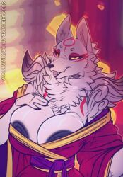  1girl amaterasu_(ookami) animal_ears animated areola_slip black_sclera bouncing_breasts breasts breasts_out cleavage colored_sclera cowboy_shot dimwitdog dog_ears fangs fire furry furry_female glowing glowing_eyes half-closed_eyes huge_breasts indoors japanese_clothes kimono long_sleeves looking_at_viewer lowres naughty_face nipples off_shoulder ookami_(game) paid_reward_available smile sound standing tagme teeth video white_fur yellow_eyes  rating:Questionable score:165 user:DarkToonLink