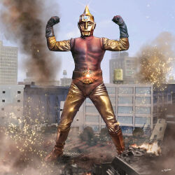 1boy abs alien belt blue_sky boots building cyborg day destruction dias_(tajima_kouki) fire gem gem_on_head giant glint gloves glowing glowing_gem horns looking_at_viewer muscular muscular_male no_humans p-productions pectorals road seijin single_horn sky smoke sparks spectreman spectreman_(character) street superhero_costume water_tower