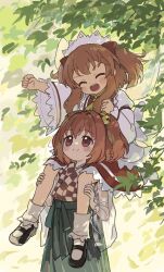  2girls bell black_shoes carrying carrying_person checkered_clothes checkered_kimono closed_mouth commentary_request commission green_skirt hair_bell hair_intakes hair_ornament hairstyle_connection hakama hakama_skirt headdress highres japanese_clothes juliet_sleeves kibisake kimono long_sleeves motoori_kosuzu multiple_girls open_mouth orange_hair outdoors puffy_sleeves red_eyes red_skirt shoes short_hair skeb_commission skirt socks sunny_milk teeth touhou two_side_up upper_teeth_only white_socks 