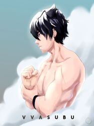  bara cloud genshin_impact highres holding_hands male_focus multicolored_hair muscular simple_background vvasubu wriothesley_(genshin_impact)  rating:Questionable score:0 user:Vvasubu