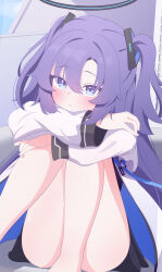 1girl :s absurdres ass barefoot black_halo black_skirt blue_archive blush closed_mouth commentary_request eyes_visible_through_hair fortysansan hair_ornament halo highres hugging_own_legs jacket long_hair mechanical_halo purple_eyes purple_hair sitting skirt solo thighs twintails white_jacket yuuka_(blue_archive) 