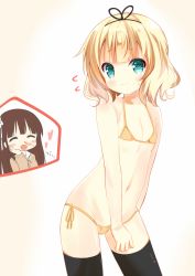 2girls :d ^_^ bikini blonde_hair blood blue_eyes closed_eyes closed_eyes flat_chest flying_sweatdrops gochuumon_wa_usagi_desu_ka? hand_on_own_cheek hand_on_own_face kirima_syaro micro_bikini multiple_girls nagomi_yayado nosebleed open_mouth shirt_tug short_hair smile swimsuit thighhighs ujimatsu_chiya rating:Sensitive score:19 user:danbooru