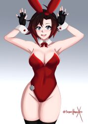  1girl absurdres animal_ears black_hair breasts detached_collar fake_animal_ears gradient_hair grey_eyes highres leotard looking_at_viewer made_in_2025 multicolored_hair open_mouth playboy_bunny rabbit_ears rabbit_tail red_hair red_leotard ruby_rose rwby short_hair smile solo sonicheroxd strapless strapless_leotard tail thick_thighs thighs wrist_cuffs  rating:Sensitive score:19 user:danbooru