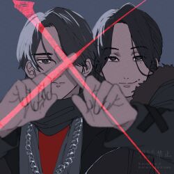  2boys black_eyes black_hair black_jacket black_scarf blurry brothers chain chain_necklace coat commentary_request covering_another&#039;s_eye depth_of_field fur-trimmed_coat fur_trim grey_background grey_coat grey_theme highres jacket jewelry kuon_(super_sentai) looking_at_viewer male_focus mole mole_under_eye multiple_boys necklace no.1_sentai_gozyuger one_eye_covered parted_bangs red_shirt scarf shirt short_hair siblings smile super_sentai syatimaru36 tokusatsu tono_hoeru 