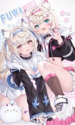  2girls animal_ear_fluff animal_ears belt blonde_hair blue_belt blue_eyes blue_hair blue_nails blush breasts cleavage collar dog_ears dog_girl dog_tail english_text fang fangs fingernails foxckiss fur-trimmed_jacket fur_trim fuwawa_abyssgard head_ornament headphones highres hololive hololive_english jacket large_breasts light_blush long_hair long_sleeves looking_at_viewer midriff mococo_abyssgard multicolored_hair multiple_girls paw_print pink_belt pink_eyes pink_hair pink_nails shoes short_hair shorts siblings sisters skin_fangs skirt small_breasts tail virtual_youtuber white_skirt 