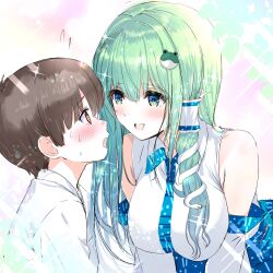  1boy 1girl absurdres bare_shoulders bent_over blue_skirt blush breasts brown_eyes brown_hair detached_sleeves embarrassed face-to-face frog_hair_ornament from_side green_eyes green_hair hair_between_eyes hair_ornament hair_tubes highres japanese_clothes kimono kochiya_sanae large_breasts looking_at_another open_mouth shirt shota single_hair_tube skirt smile snake_hair_ornament tomo_(uguisu-tei) touhou white_kimono white_shirt 