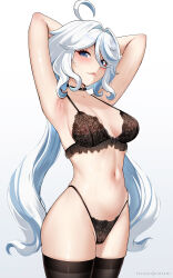 1girl aged_up ahoge armpits arms_behind_head arms_up bare_shoulders black_bra black_panties black_thighhighs blue_eyes blush bra breasts choker cleavage collarbone cowlick furina_(genshin_impact) genshin_impact highleg highleg_panties highres hioyami long_hair looking_at_viewer low_twintails medium_breasts multicolored_hair navel panties smile solo swept_bangs thighhighs thighs twintails underwear underwear_only white_hair rating:Sensitive score:159 user:danbooru