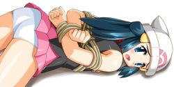 1girl arms_behind_back artist_request ass bdsm beanie blue_eyes blue_hair bondage bound dawn_(pokemon) female_focus hat looking_at_viewer lowres matching_hair/eyes nintendo panties pantyshot pokemon rope scared scarf skirt solo underwear upskirt rating:Questionable score:99 user:obscuro